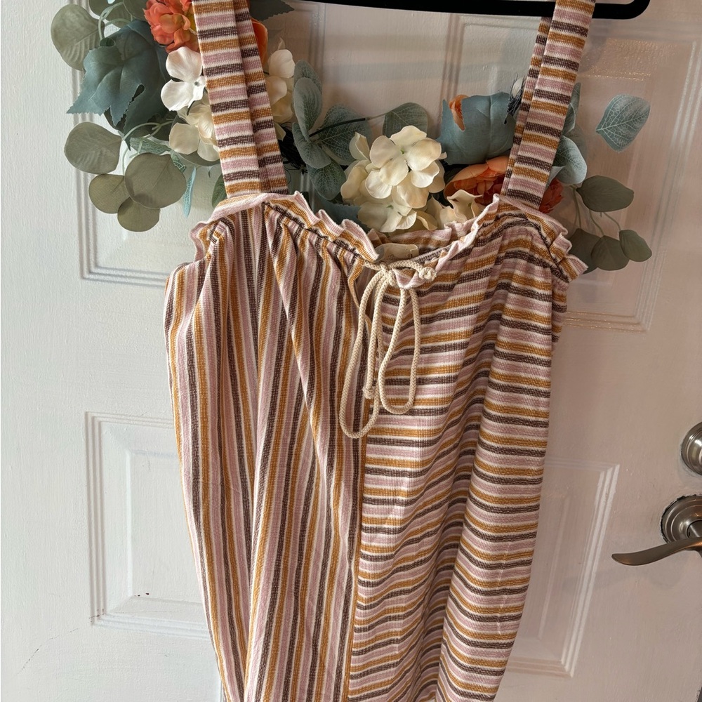 Free People Tan and White Striped Jumpsuit with Sweetheart Neckline